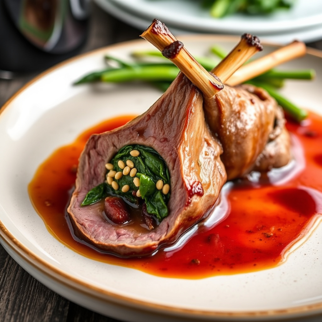 Lammelår fylt med spinat, nyre og rødvinsjus