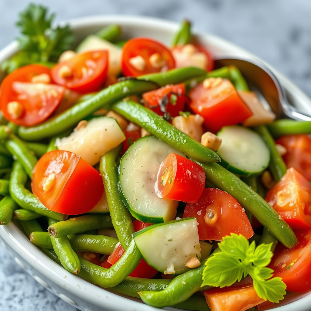 Langbønnesalat med agurk og tomat