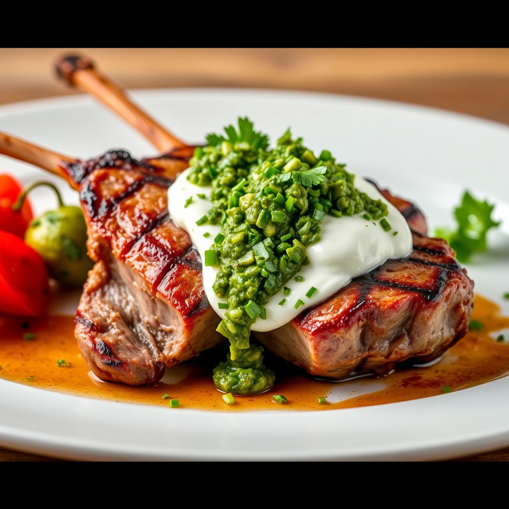 Langtidsgrillet lammelår med myntyoghurt og salsa verde
