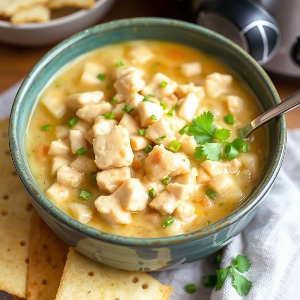 Langtidskokt hvit kyllingchili i slow cooker