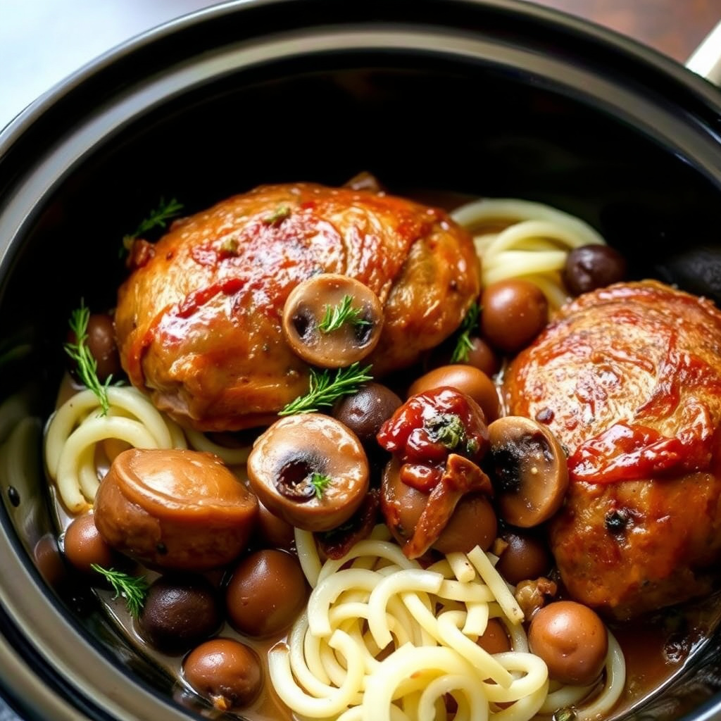 Langtidskokt rype med sopp og oliven