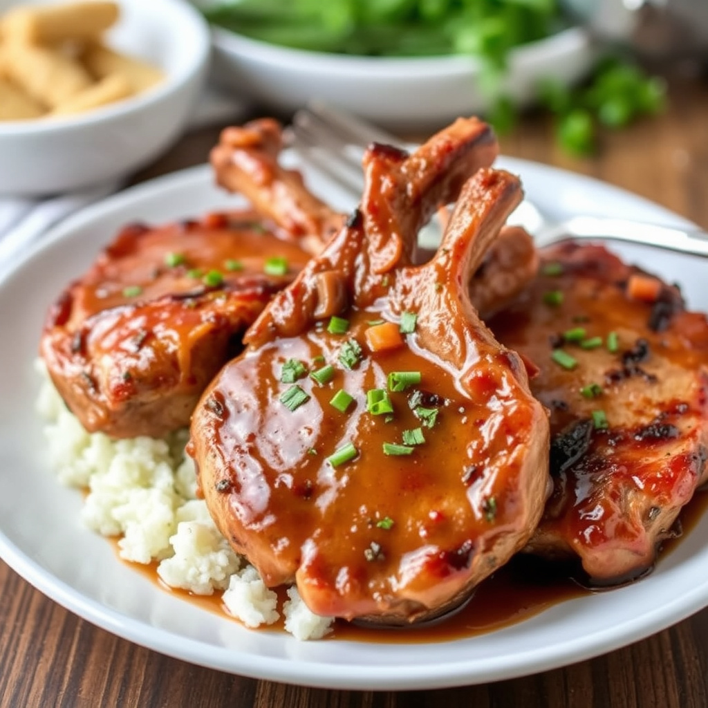 Langtidskokte svinekoteletter med pepper og eple