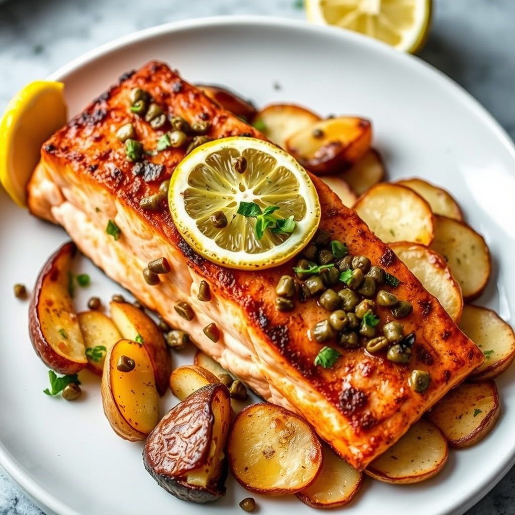 Langtidsstekt laks med varm sitron- og kapersvinaigrette og tynne skiver poteter