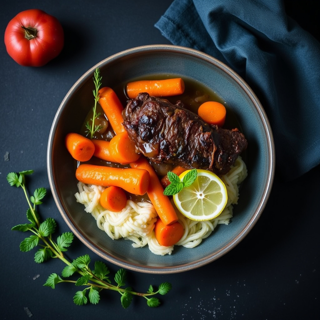 Langtidsstekt storfekjøtt med gulrøtter, sjalottløk, mynte og sitron
