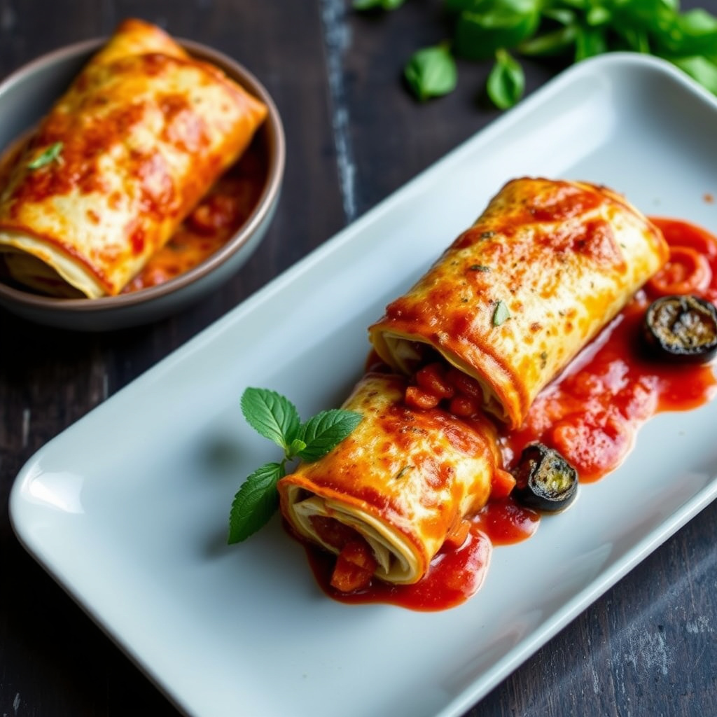 Lasagne-ruller med ovnsbakte tomater og aubergine