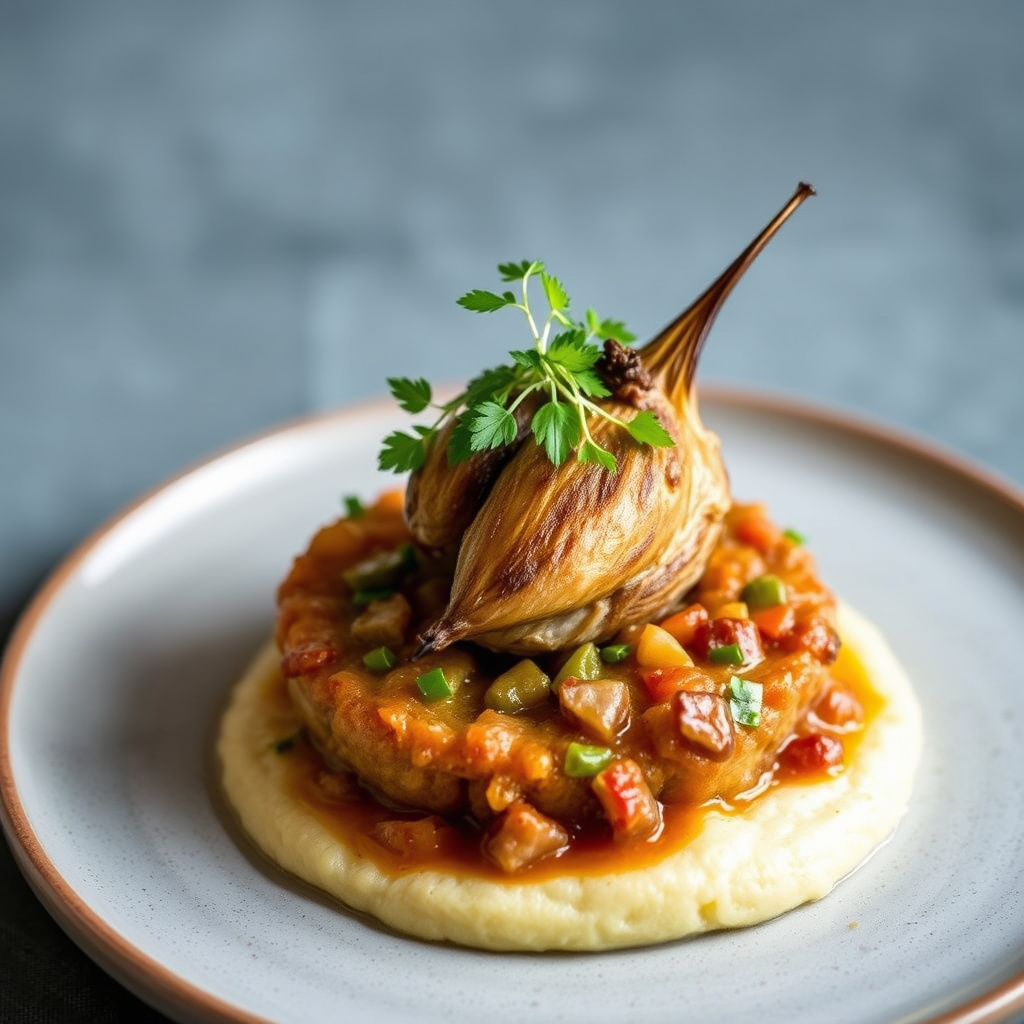 Lavlands fylt vaktel med østers- og purreløkragout og hominygrøt-kake