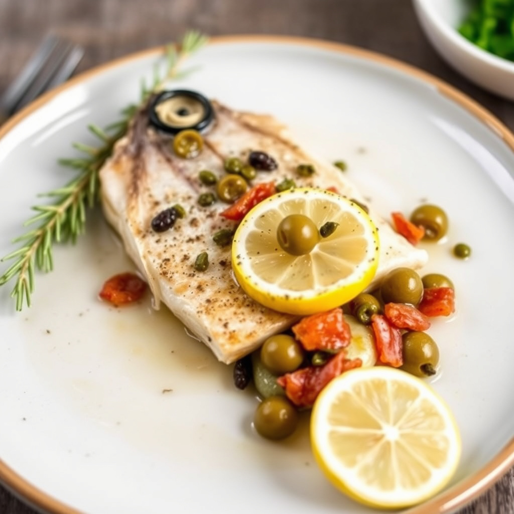 Lemony sole med grønne oliven, bacon og kapers