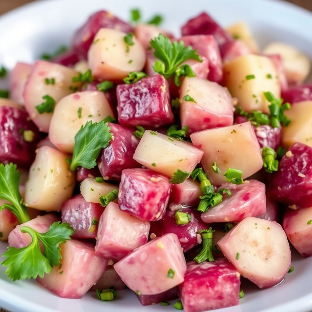 Lilla potetsalat med dill og sennepsdressing