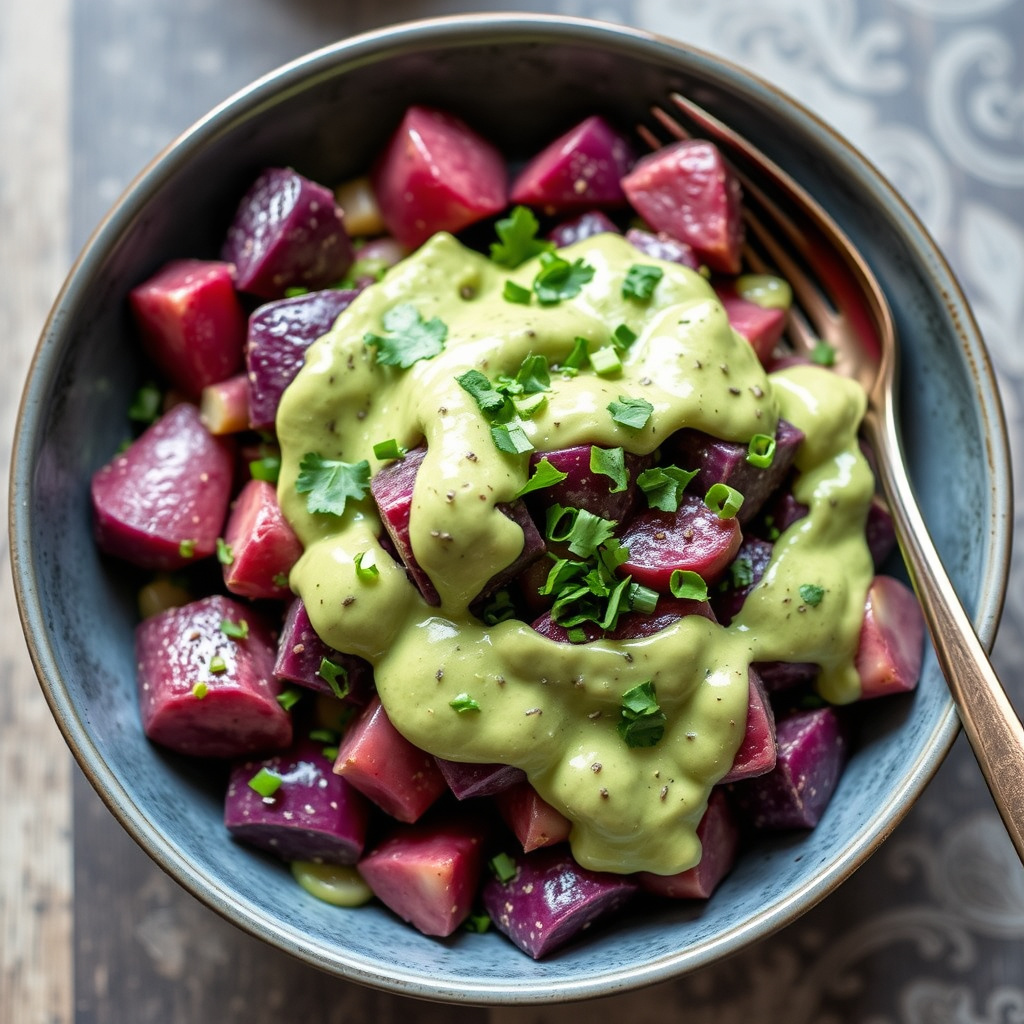 Lilla potetsalat med kremet avokado- og chiadressing