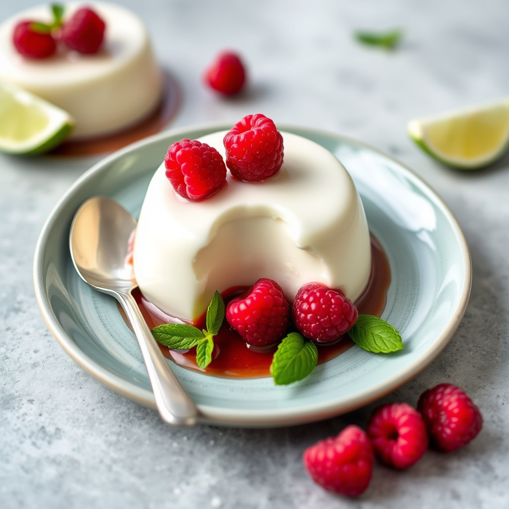 Lime Mascarpone-Panna Cotta med bringebær
