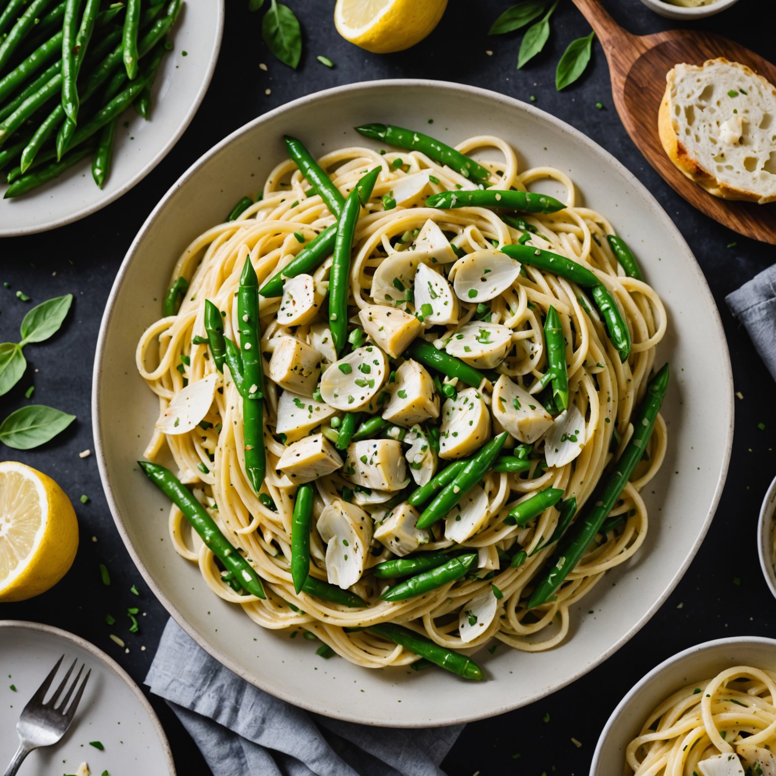 Linguine Avgolemono med artisjokkhjerter og grønne bønner