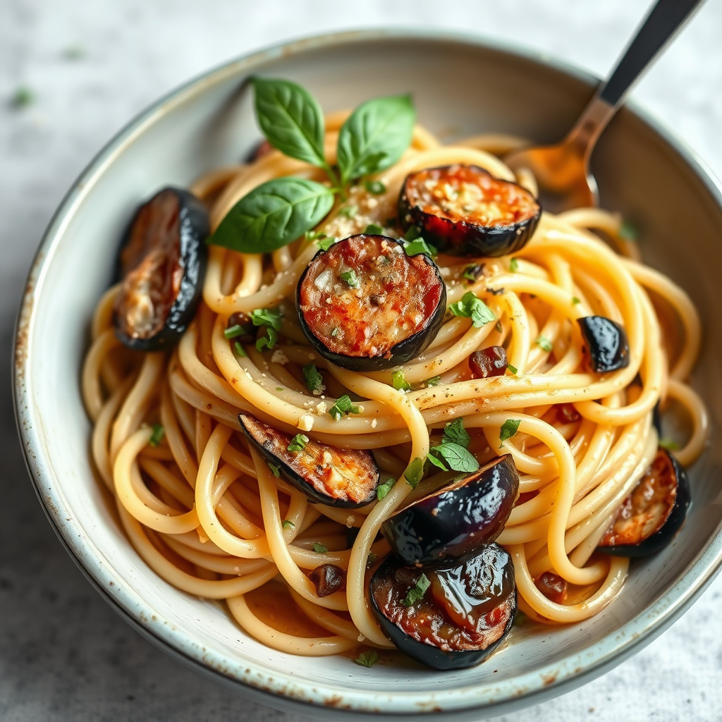Linguine med aubergine og tomatsaus