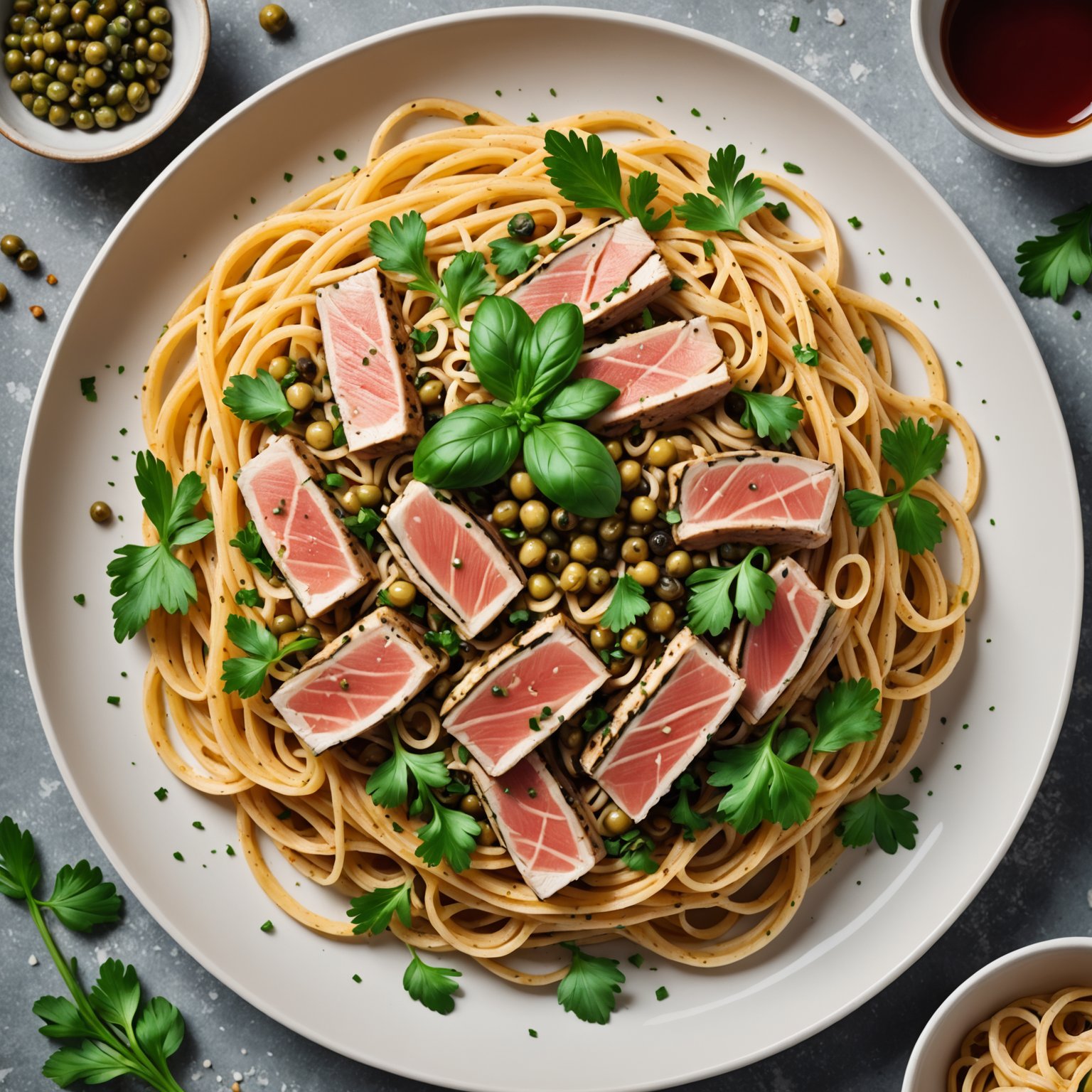 Linguine med grillet tunfisk, purre og kapers