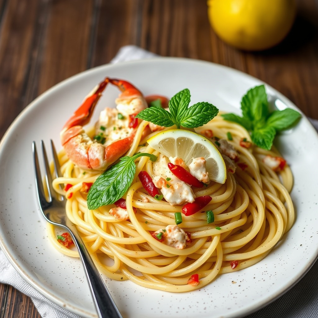 Linguine med krabbe, sitron, chili og mynte