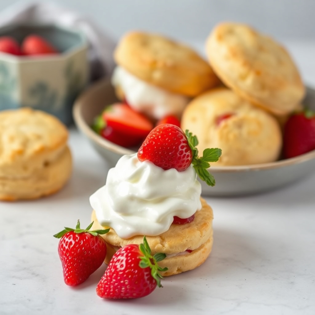 Liten honningkjeks med jordbær og krem