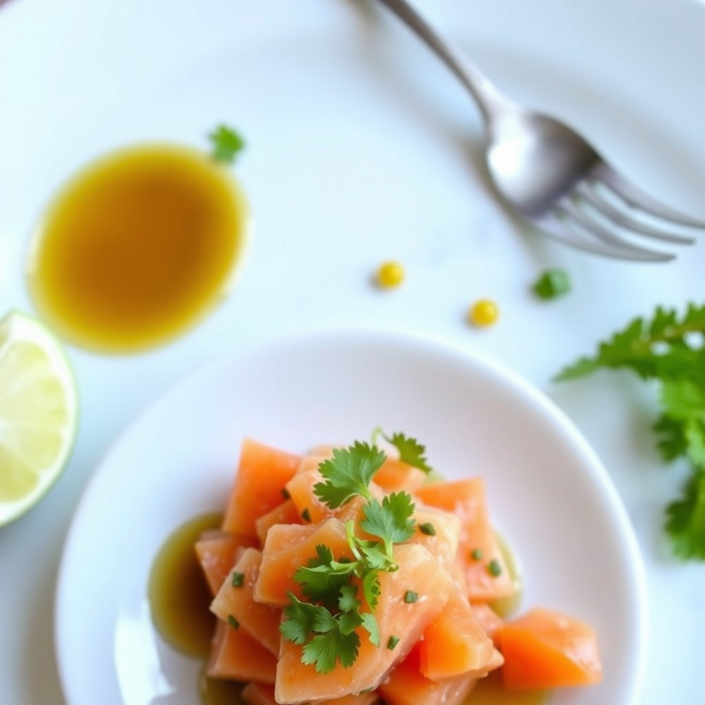 "Lomi"-stil laksesashimi med lilikoi-brunet smør-vinaigrette