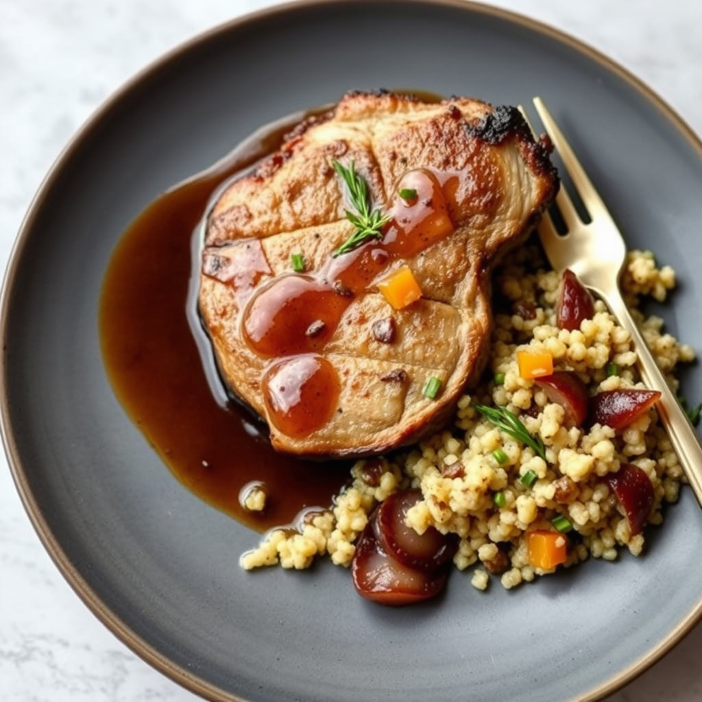 London Broil med øljus og ovnsstekte løk med quinoa