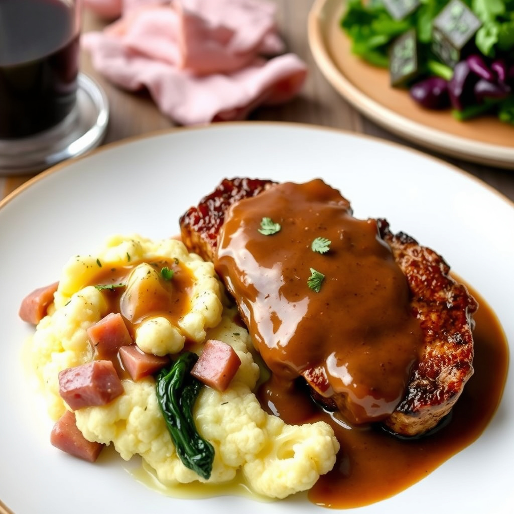 London Broil med stekesaus, knust blomkål med ost, skinke og rødkål