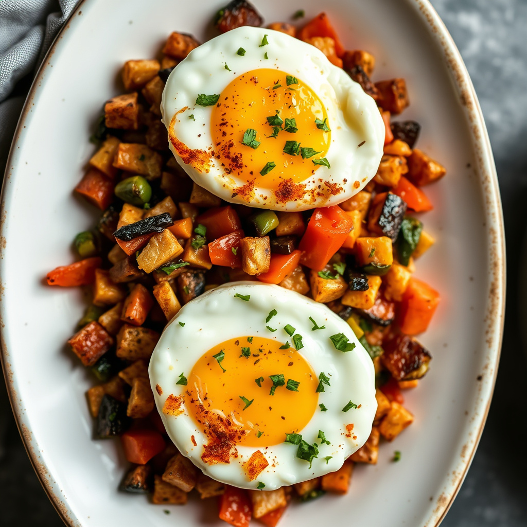 Luftige bakte egg med ovnsbakte grønnsaker og hash