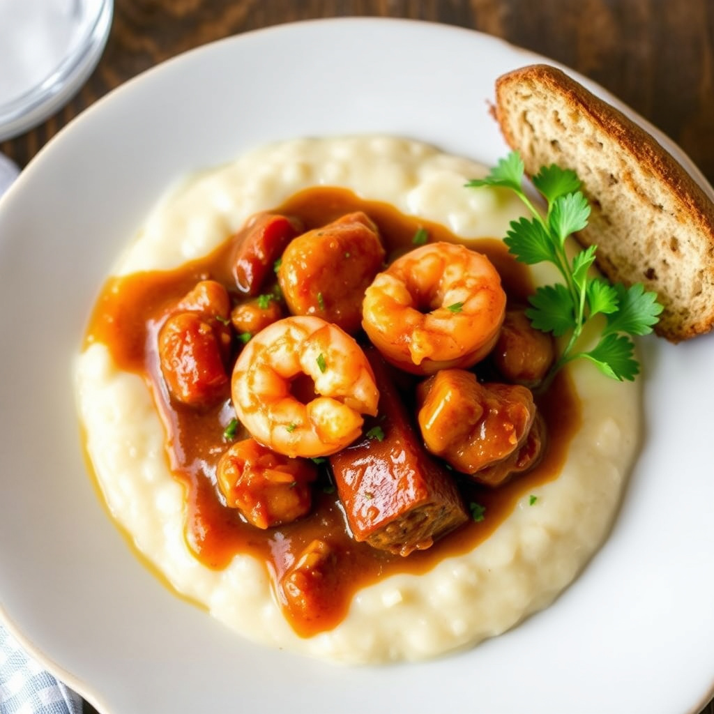 Magnolias krydrede reker, pølse og Tasso-saus over kremete hvite gryn