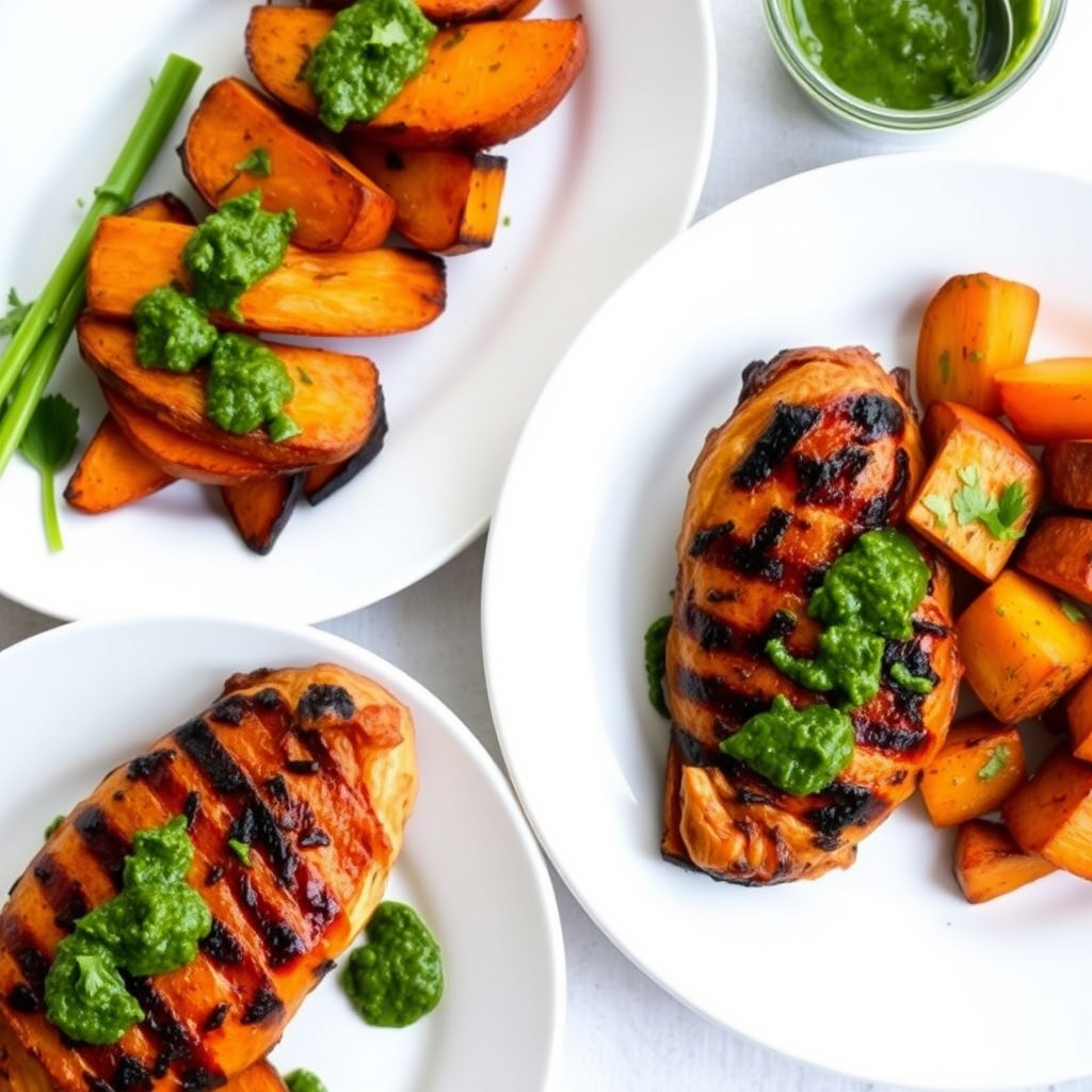 Mahogni-kylling grillet med røkt lime-søtpotet og korianderchimichurri