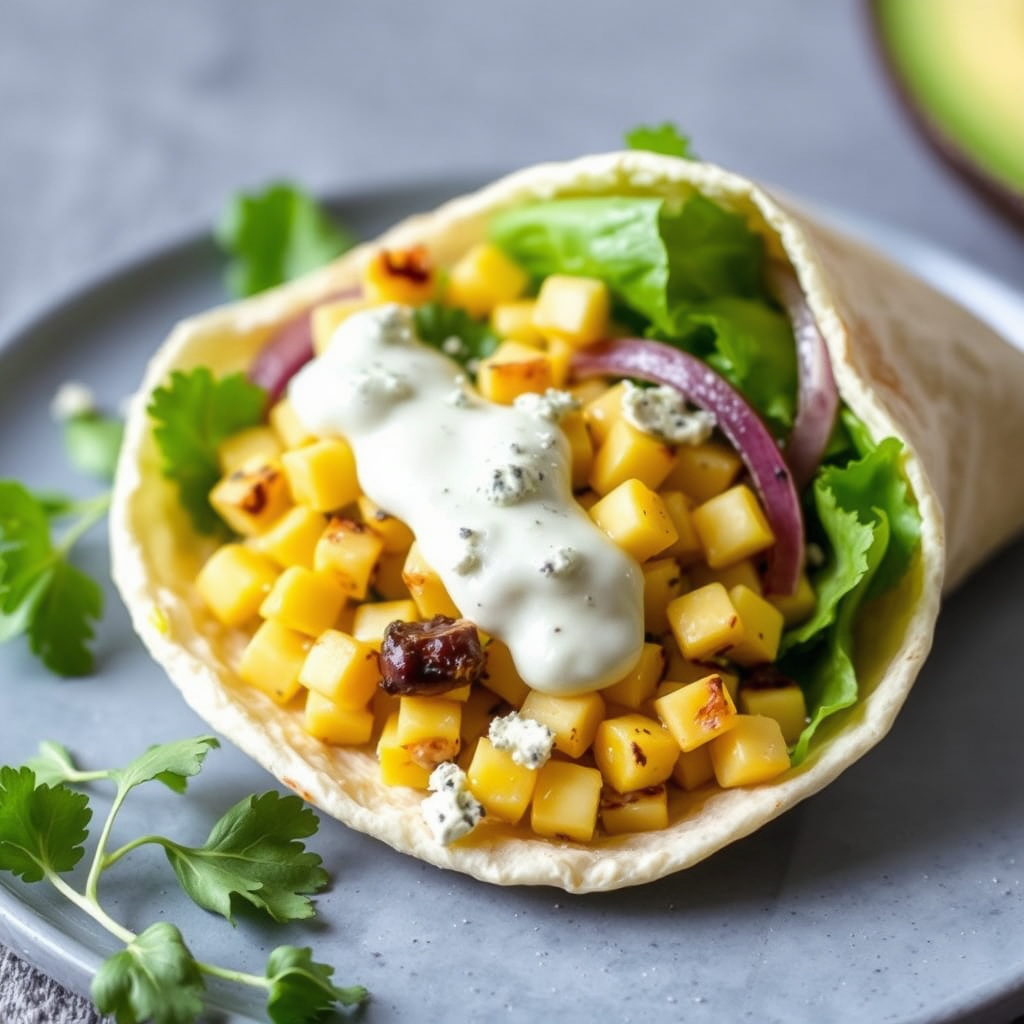Mais- og kyllingsalatwrap med grillede løk og blåmuggostdressing