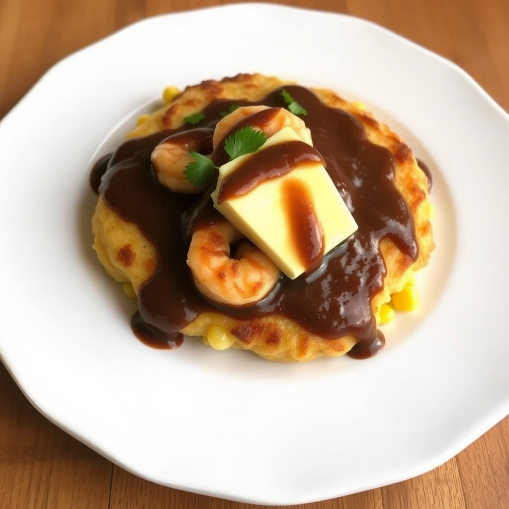 Mais- og rekepannekaker toppet med huitlacoche-smør og Ming's mole-saus