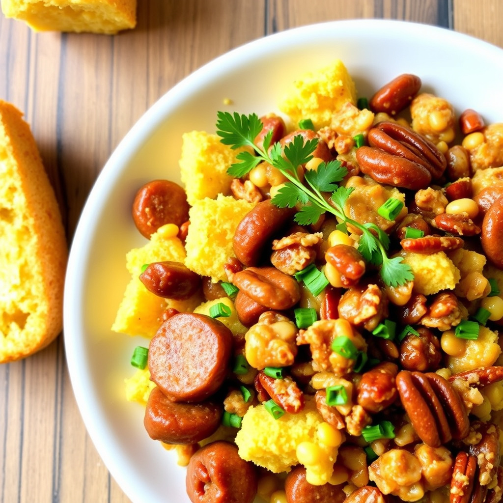Maisbrød, pølse og pekannøttfyll