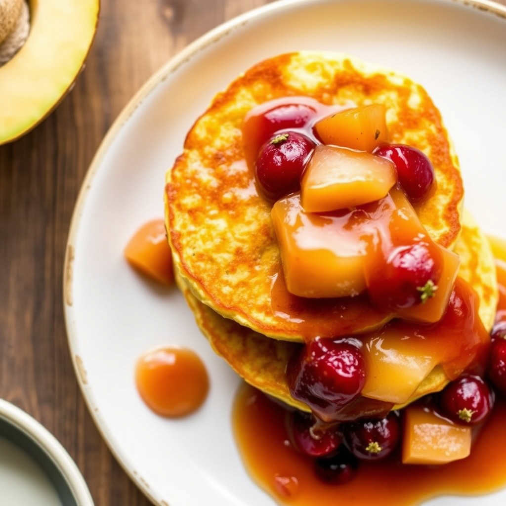 Maispannekaker med lønnesirup og fruktkompote