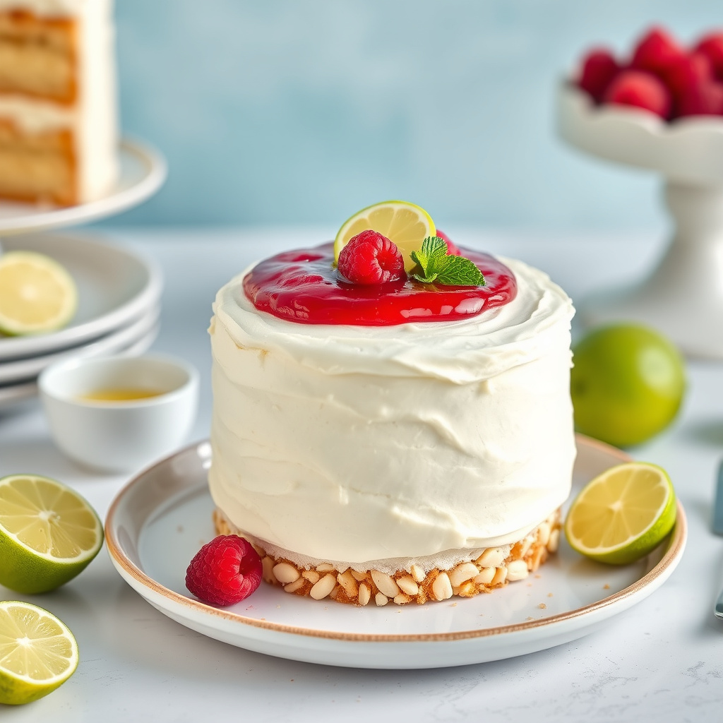 Mandelkake med key lime-smørkrem og bringebærkompott