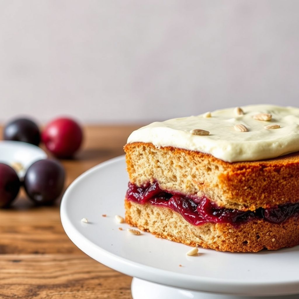Mandelkake med plommesausfyll og ingefærsmørkrem