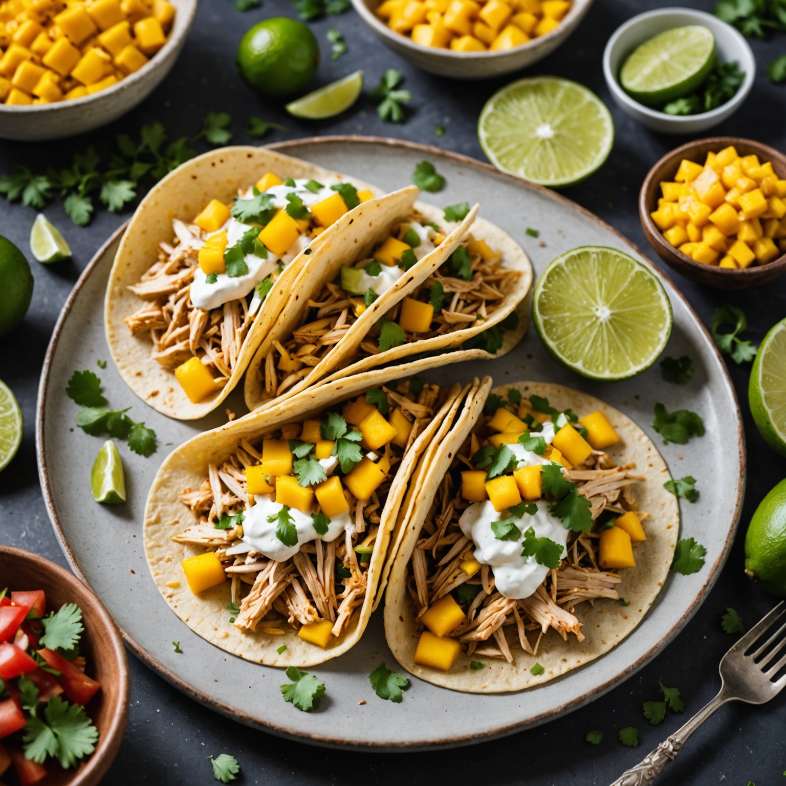 Mango- og lime-marinerte strimlede kyllingtacos