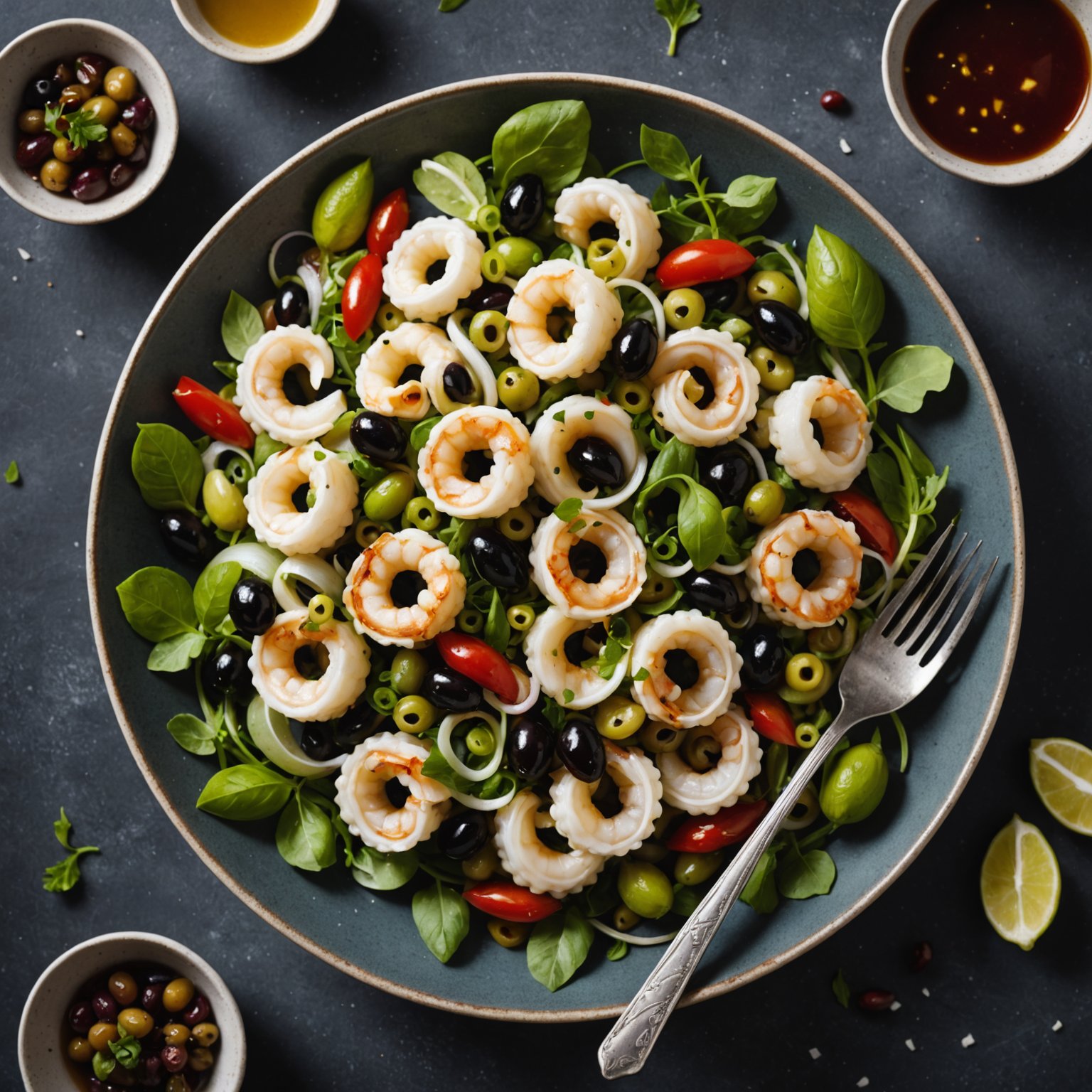 Marinert kalamarsalat med liguriske oliven, selleriblader og chili