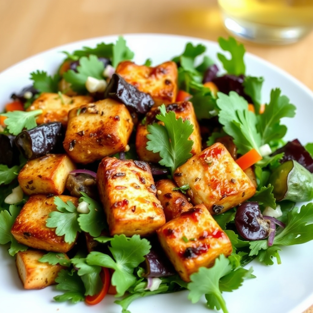 Marinert, stekt tofu og grønnsakssalat med mesclun