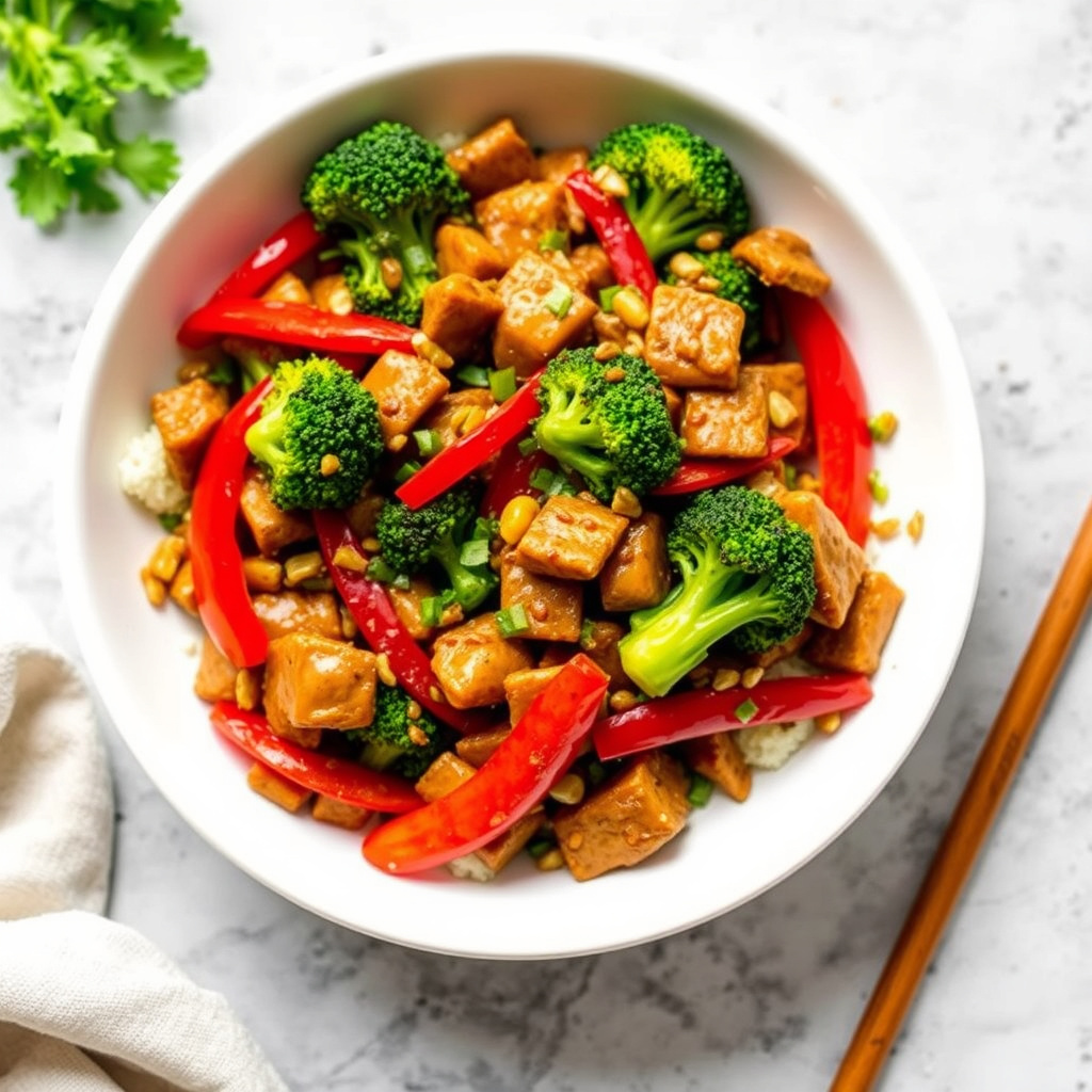 Marinert tempeh-stir-fry med brokkoli og rød paprika