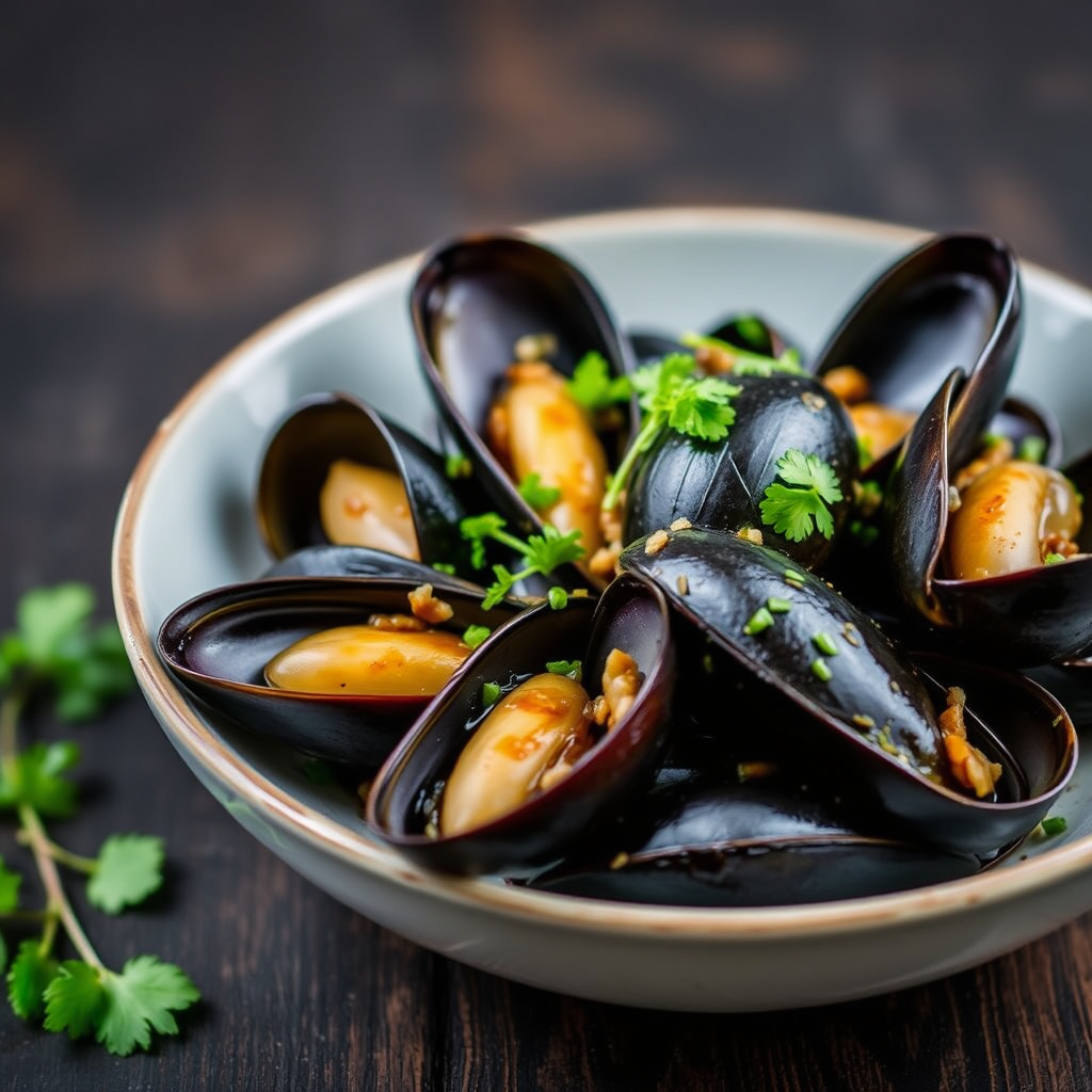 Marinerte Penn Cove-musslinger i en risvins- og sesamvinaigrette