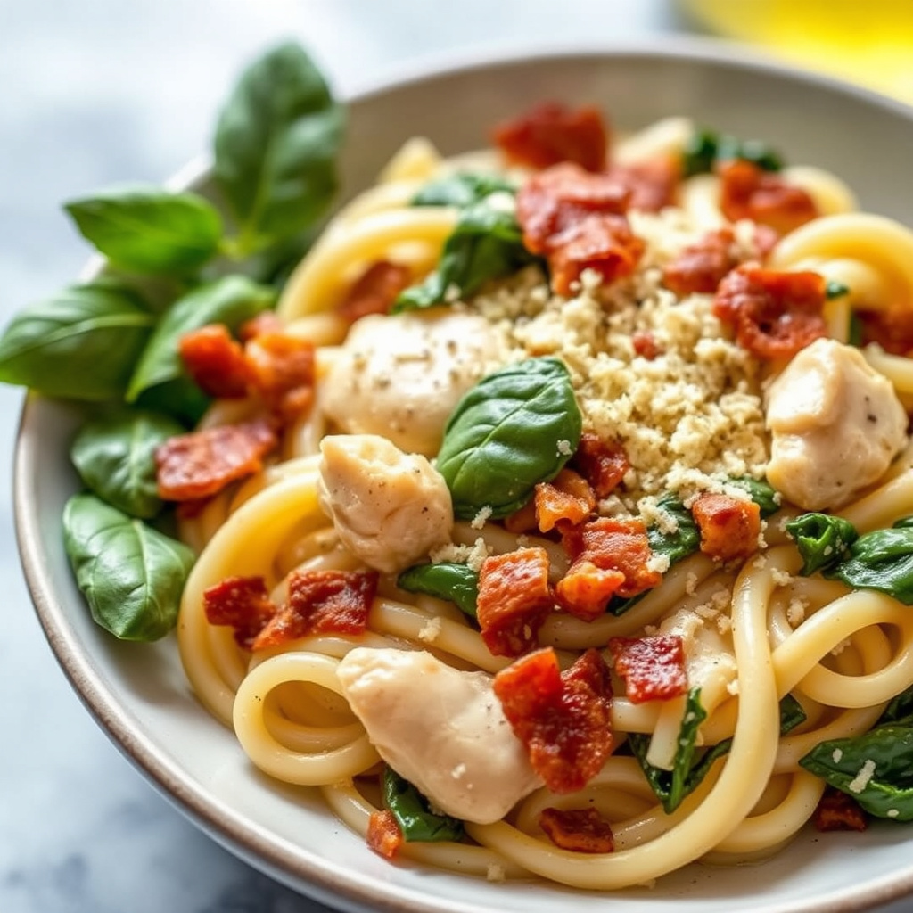 Mascarponepasta med kylling, bacon og spinat