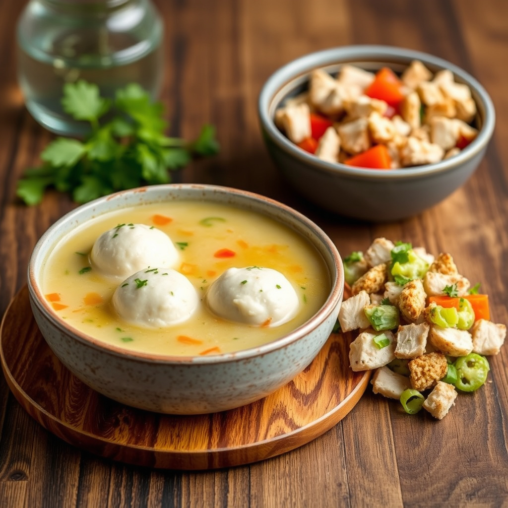 Matzo ball-suppe og kyllingsalat