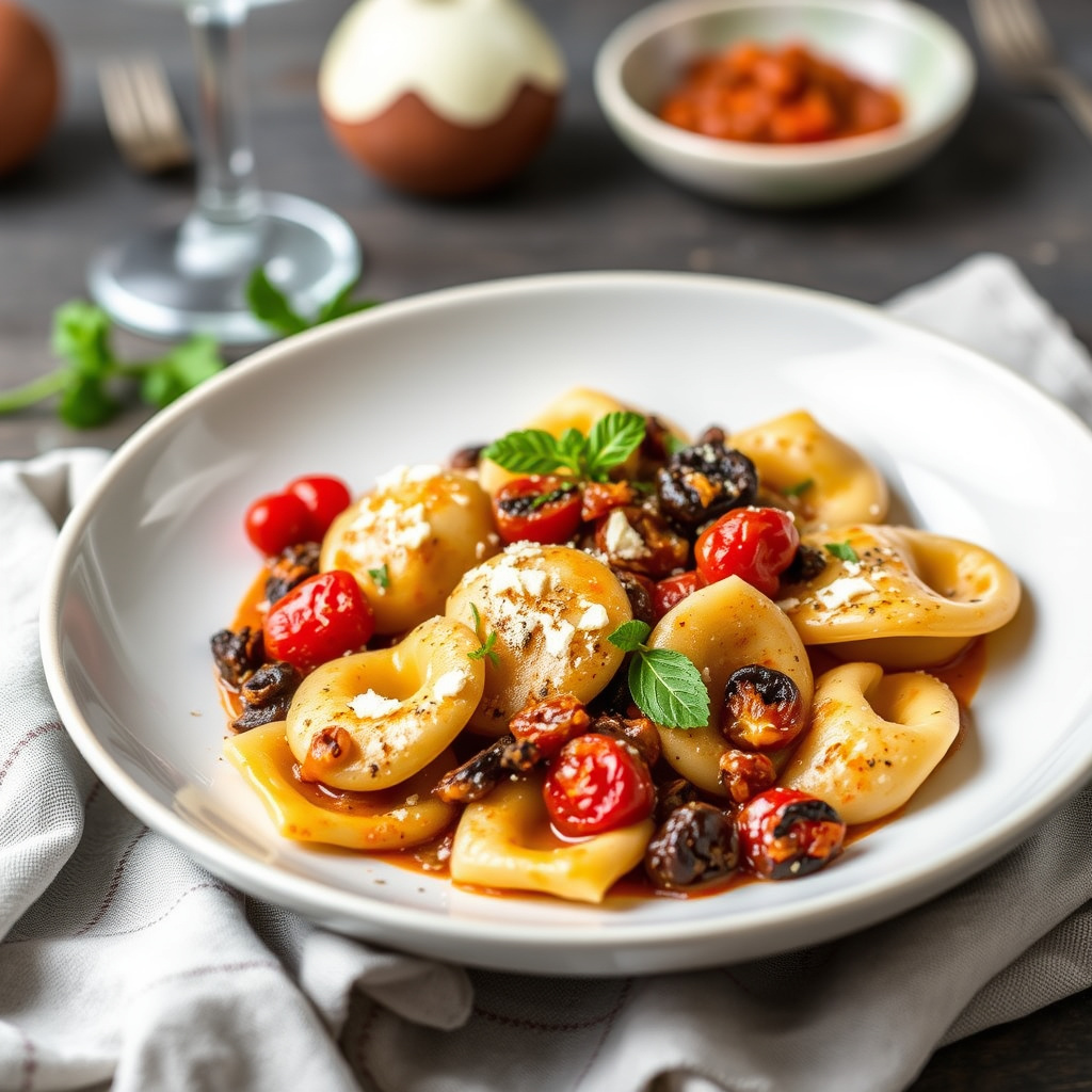 Maui-løk og geitost-tortellini med currant-tomat- og porcini-saus