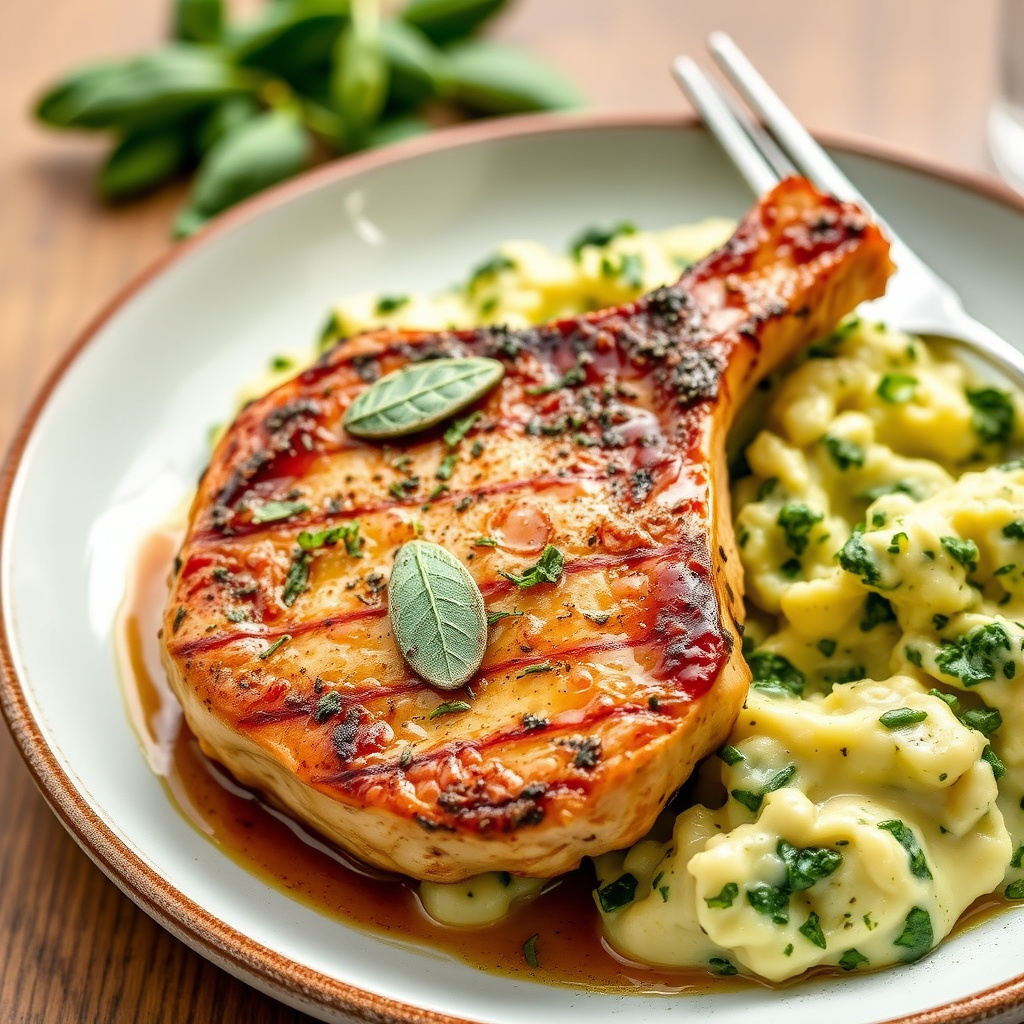 Maxs spesialitet: Kyllingkotelett med salvie og babyspinat, servert med potetmos