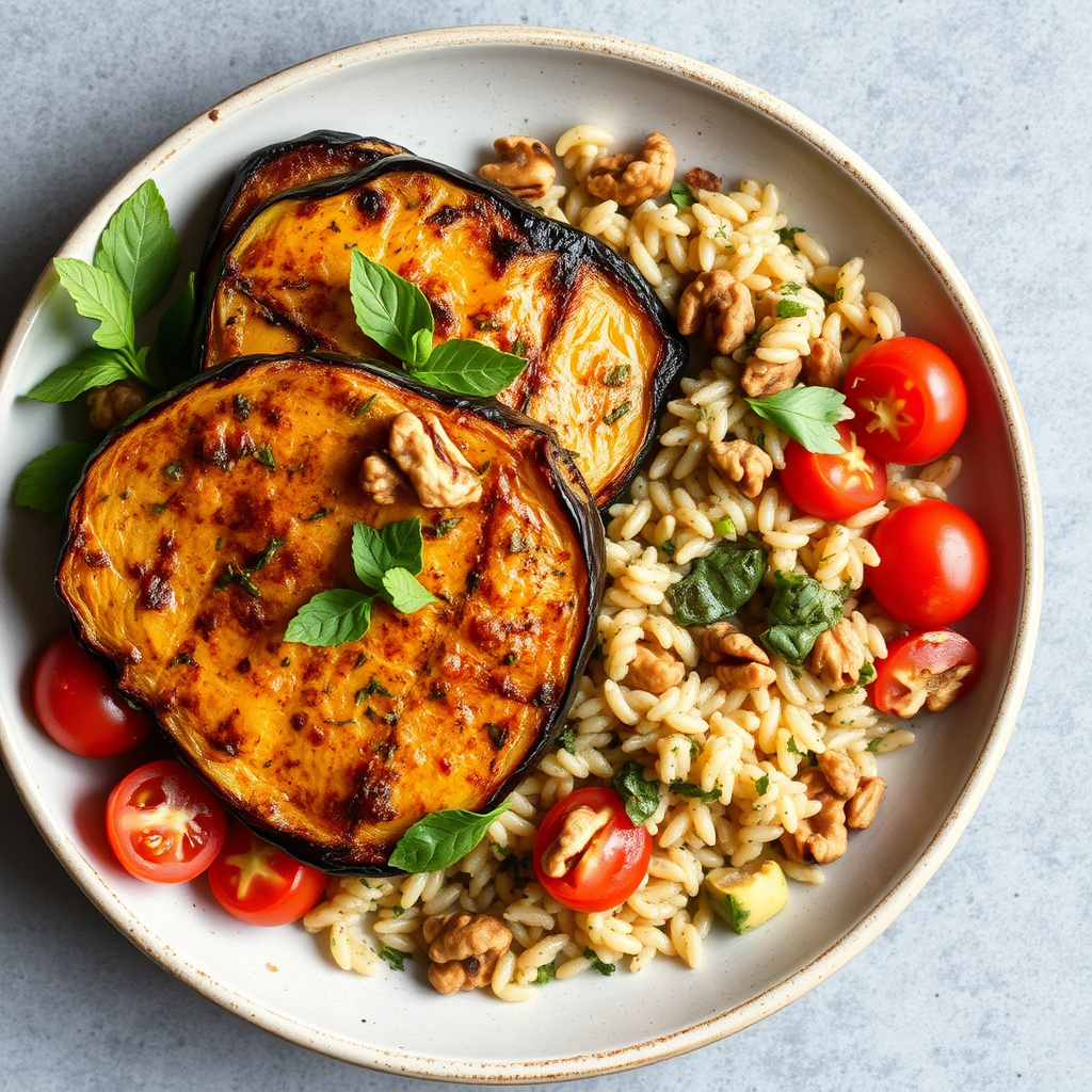 Mediterranean eggplantsteaks og orzosalat med valnøtter, oregano og tomater