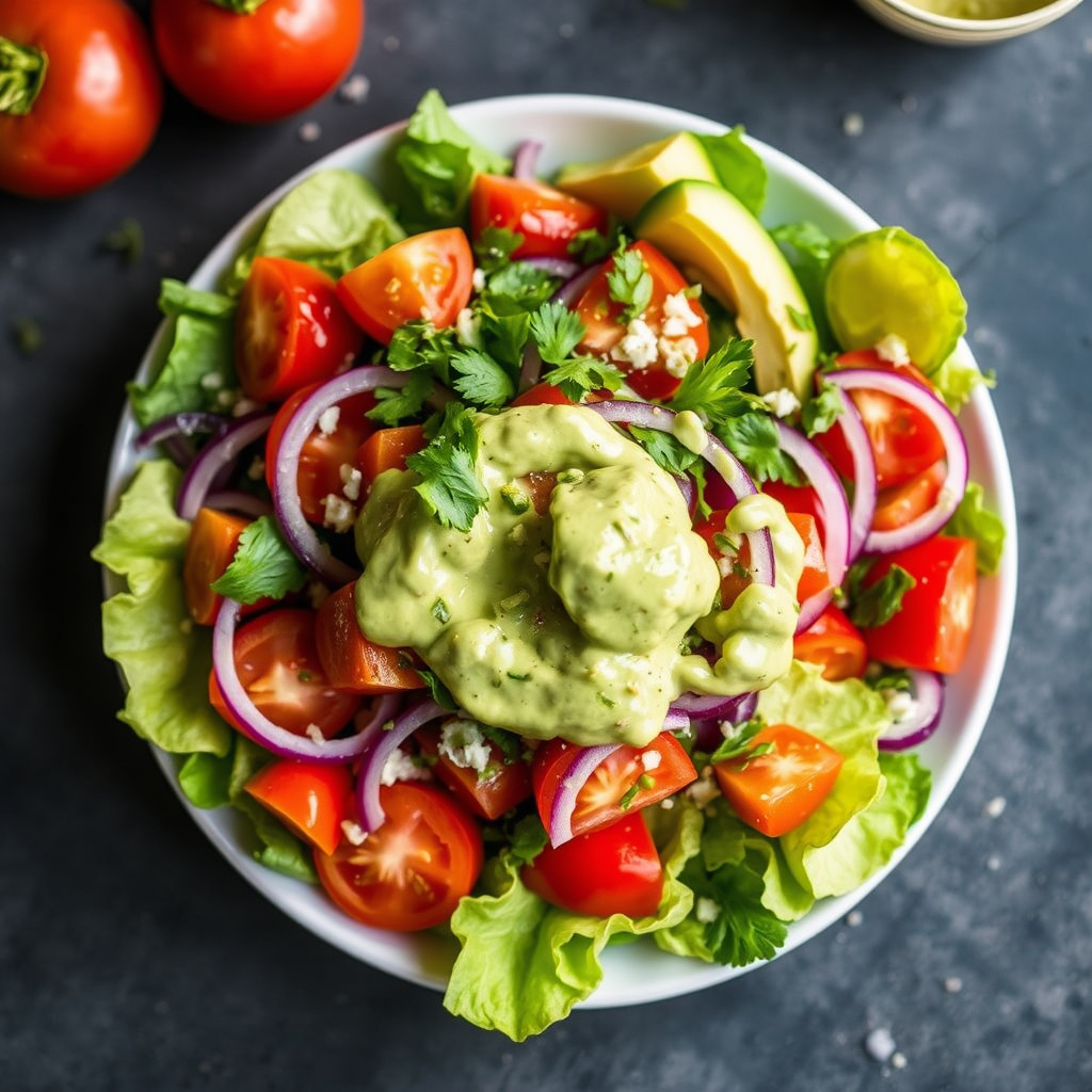 Meksikansk salat med tomater, rødløk og avokadodressing
