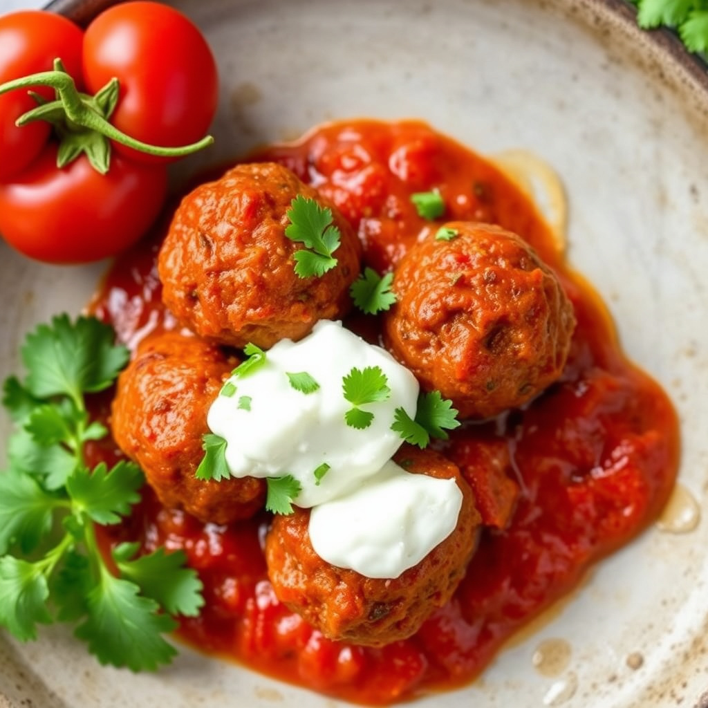 Meksikanske kjøttboller med rød chili-tomatssaus og queso fresco