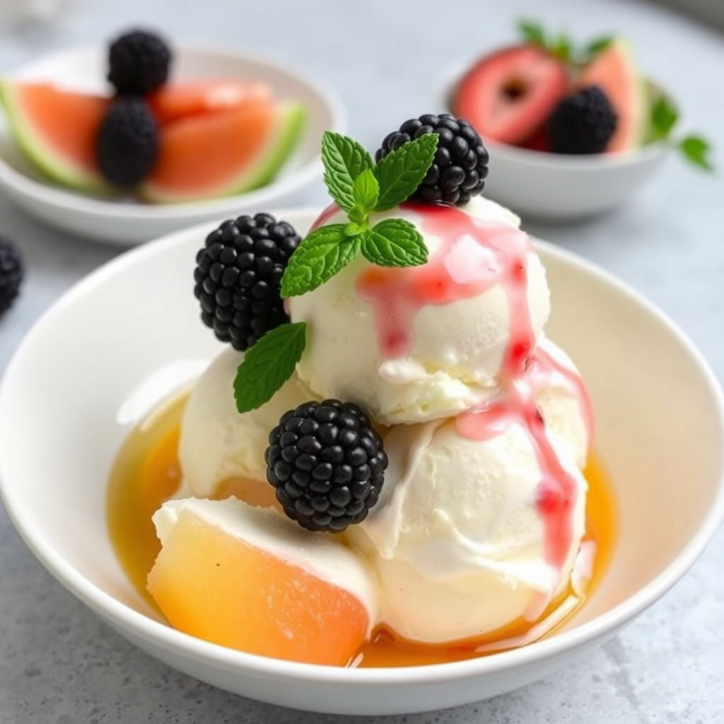 Melon, cassis og fransk vaniljeis med bjørnebær
