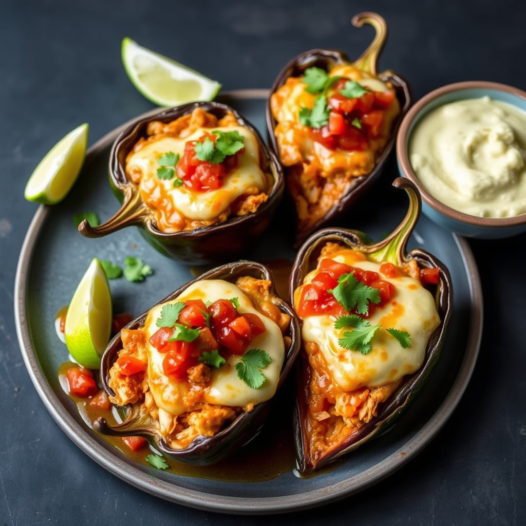 Migas-fylte Chile Rellenos med pulled chicken, tomatsalsa og Chiuhaha-saus