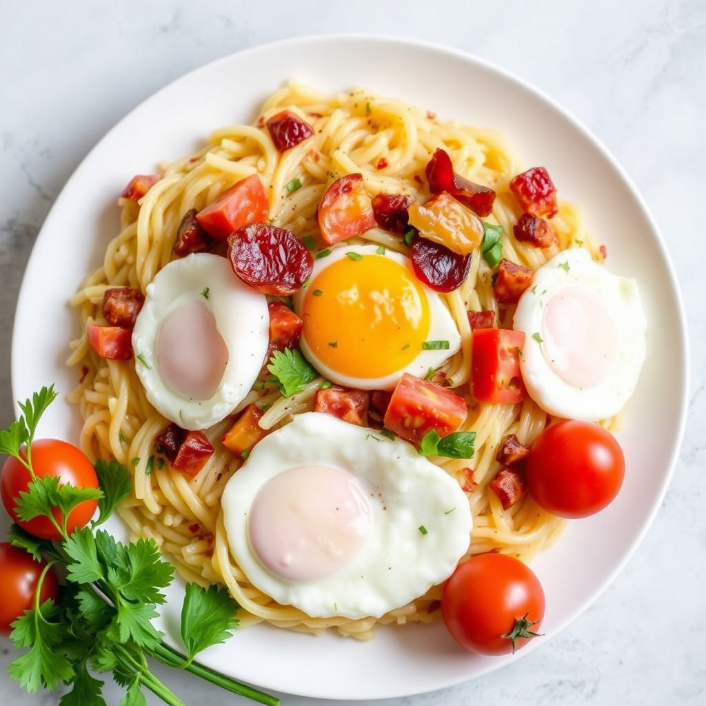 Milanesisk risotto med bacon, purre, tomater og egg