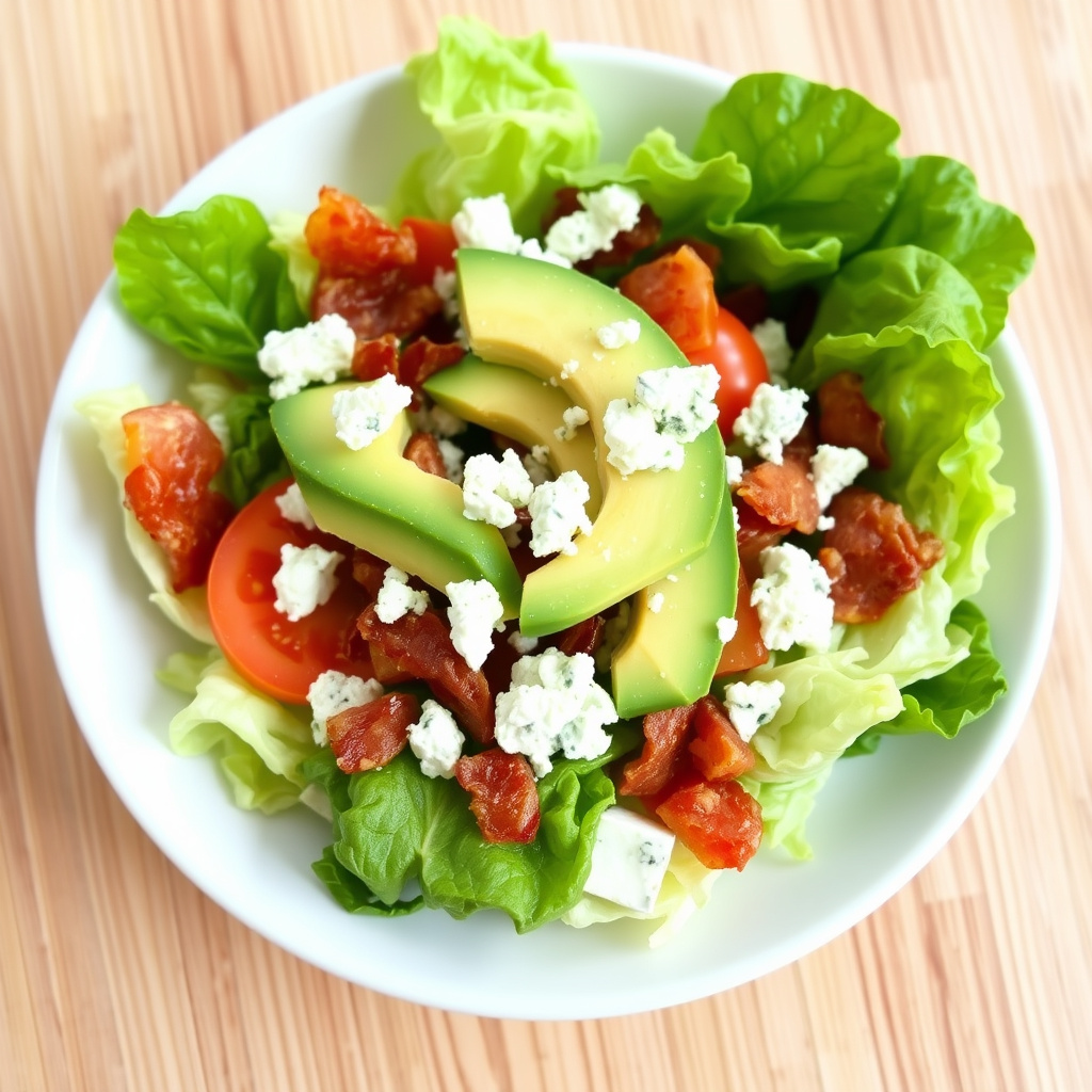 Min Cobb-salat: isbergsalat, tomat, avokado, bacon og blåmuggost