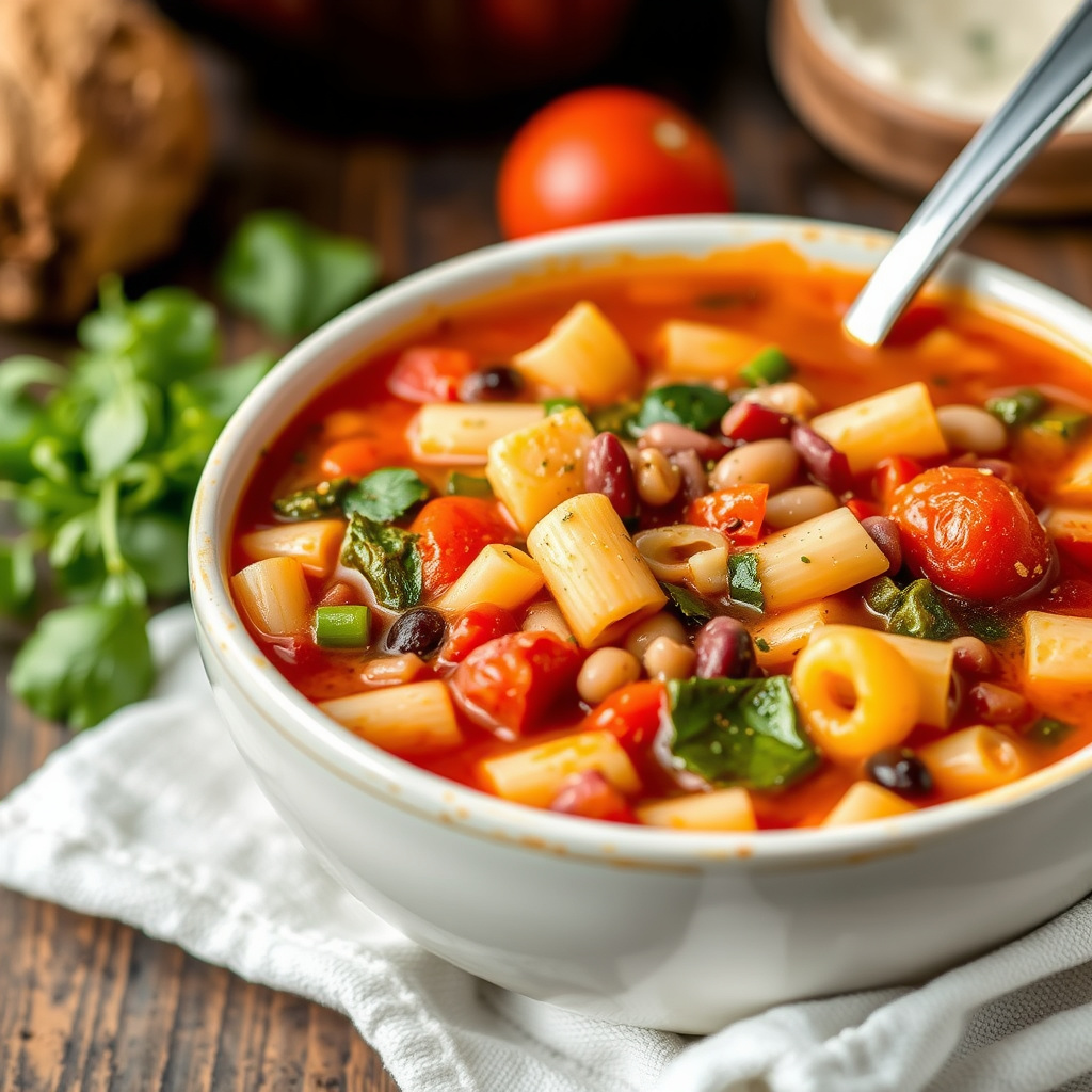 Minestronesuppe med pasta, bønner og grønnsaker