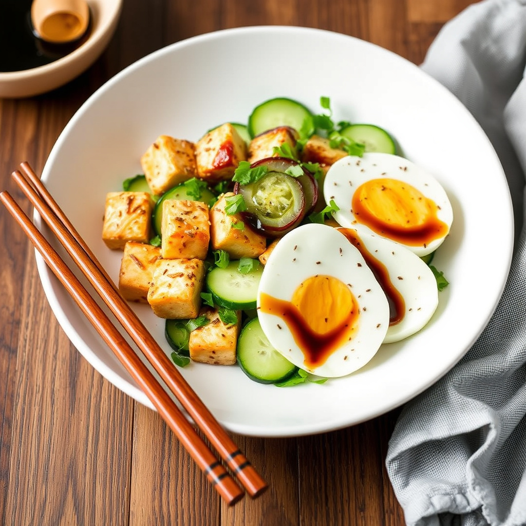 Mings sesamtofu og agurksalat med soyasaus-egg