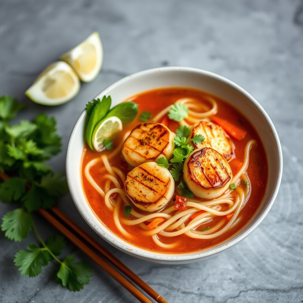 Mings stekte kamskjell med krydret thailandsk risnudelsuppe